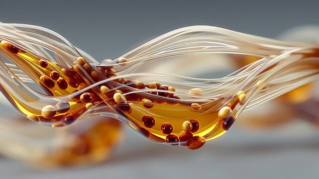 Close-up view of translucent golden liquid with particles flowing in wavy lines against a blurred gray background with a shallow depth of field.