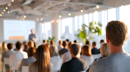 Fototapeta premium In a sunlit contemporary conference room with large and indoor plants a seated audience engages with a presentation displayed on a projector screen