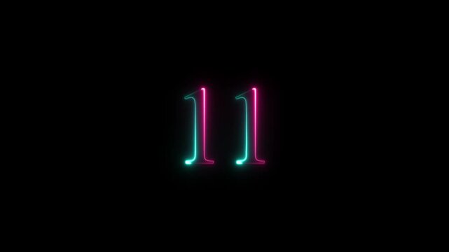 Abstract glowing neon text 11 number countdown icon animation on a black background,with 4k video animation.