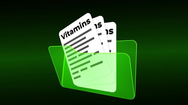 Vitamins Nutrition Science Concept with Green Medical Folder, Essential Micronutrients Research, Supplement and Biochemistry Healthcare Data