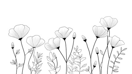 Naklejka premium Elegant and simple illust n featuring various delicate flowers in bloom and bud alongside slender leafy branches rendered in thin black lines against a clean white background