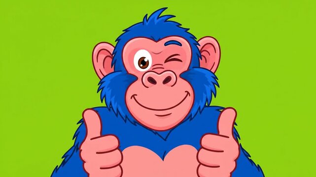Cartoon monkey smiling with hands on hips against a green background