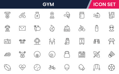 Fototapeta premium Gym icons depicting fitness, exercise, workout equipment, dumbbells, treadmills, yoga, strength training, health, wellness, cardio, personal training, motivation, stretching