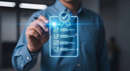 Quality Assurance Checklist: Businessman hand marking digital document with check marks and award seal, compliance standards, survey evaluation, business certification 