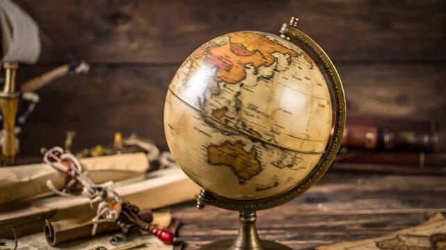 Vintage globe and nautical objects on a wooden table, evoking exploration and discovery.