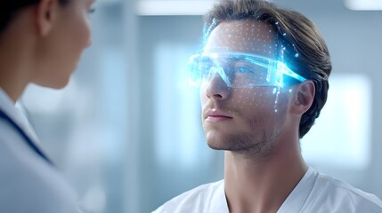 Close up of a man wearing advanced technology goggles projecting a dynamic blue digital overlay suggesting innovation in science and virtual interaction