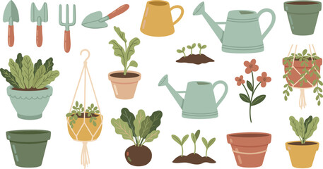 Collection of hand drawn flat gardening elements with potted house plants hanging macrame planters watering cans and tools isolated © Saidi