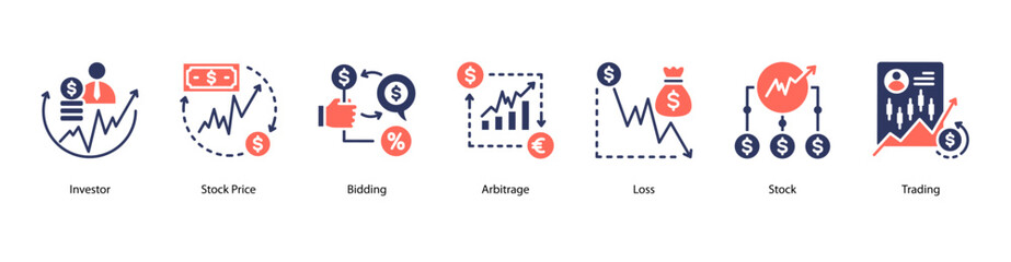 Stock Operations web banner icon vector illustration featuring Investor, Stock Price, Bidding, Arbitrage, Loss, Stock, and Trading.