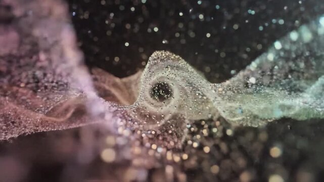 Swirling galaxy with sparkling particles against a starry night sky with a dreamy, cosmic mood.