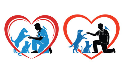 Obraz premium Veterinary care silhouette set featuring dogs, cats & professionals in heart-shaped design