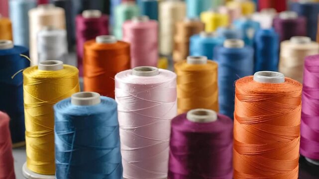 A vibrant collection of colorful thread spools, perfect for sewing and crafting projects, against a blurred background.