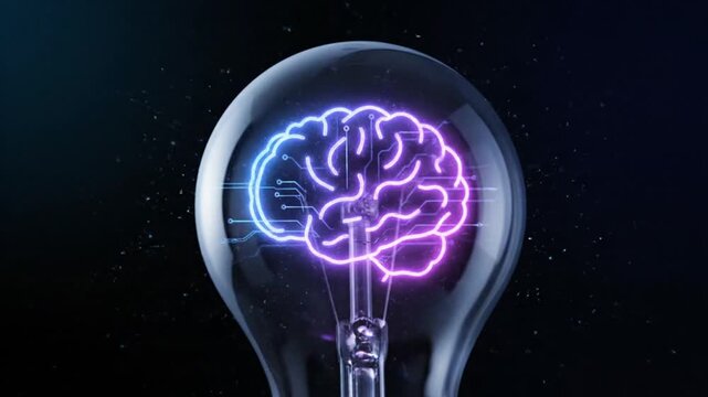 Bright idea emerging from a light bulb with brain inside