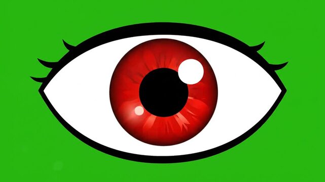 Animated eye with red iris and white lashes against a vibrant green backdrop