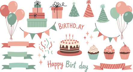 Collection of hand drawn flat birthday party elements with muted pastel balloons cakes gift boxes party hats and banners isolated © Saidi