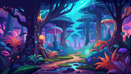 Fototapeta premium Very beautiful otherworldly forest glowing at night with bioluminescent plants and exotic trees, creating a vibrant fantasy environment filled with color, wonder, and magical energy.