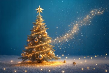 Shiny Christmas Tree - Golden Dust Glittering In The Blue Background