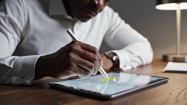 Man in white shirt using stylus to highlight text on tablet screen at desk
