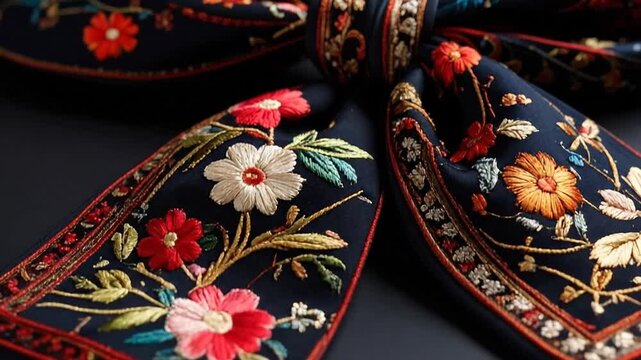Close-up of an elegant embroidered bow with floral patterns on a dark background, perfect for fashion.