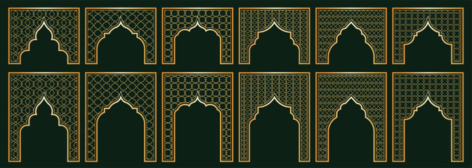 Geometric islamic arch designs showcasing diverse lattice patterns in traditional style