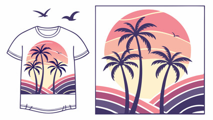 Tropical Sunset Palm Tree Silhouette T Shirt Graphic Design for Summer Vacation Apparel Printing