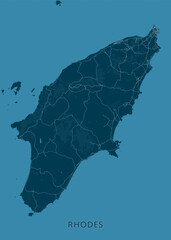 A stylized map of Rhodes, Greece, is presented against a deep teal background. The island's outline is clearly defined, with a network of white lines representing roads