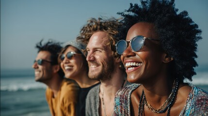 Radiant Smiles by the Sea: A diverse group of friends beams with pure joy, their faces lit by the sun as they stand together, seaside, capturing a moment of friendship. 