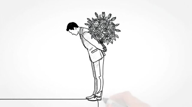 Animated hand drawing a person burdened with floral arrangement