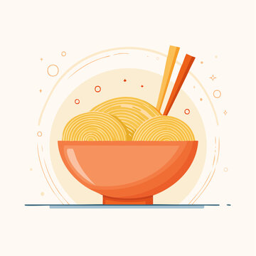 A bowl of noodles with chopsticks on a simple background.