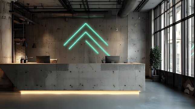 A modern office reception area features a concrete counter illuminated by warm light, accented by a glowing neon arrow and large windows