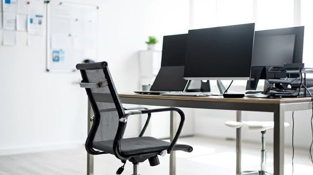 Modern office workspace with computer monitors, desk, and ergonomic chair, ready for work.
