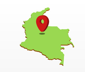 3d vector illustration graphic green color geographical map of Colombia with red pointer icon on capitol Bogota