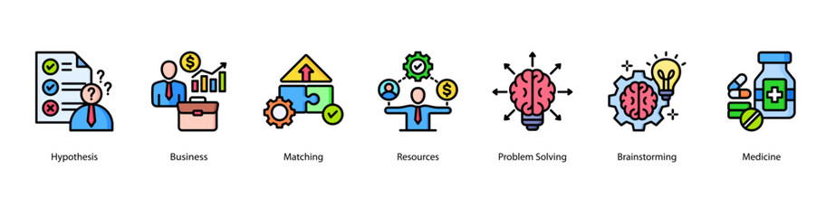 Fototapeta premium Hypothesis and Strategy web banner icon vector illustration featuring Hypothesis, Business, Matching, Resources, Problem Solving, Brainstorming, and Medicine.