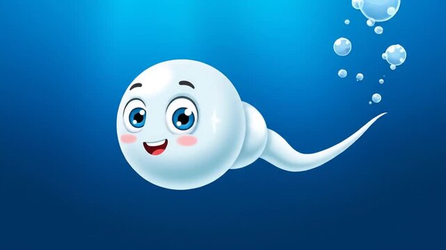 Animated sperm cell with smiling face on blue background