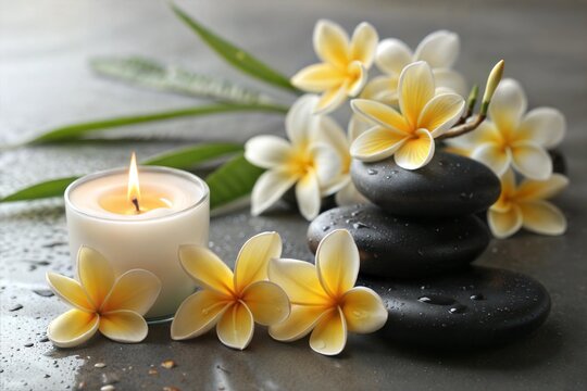 Serene Spa Setting with Tiare Flowers, Candle, and Black Stones 