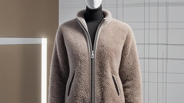 Fashionable Mannequin Displaying a Cozy Brown Fleece Jacket in a Modern Studio Setting