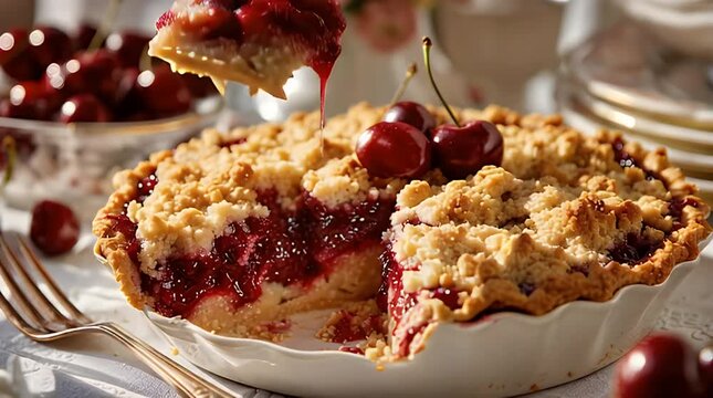 A close-up shows a slice of a cherry pie being removed with a fork. The pie has a crumble topping, sitting in a white dish