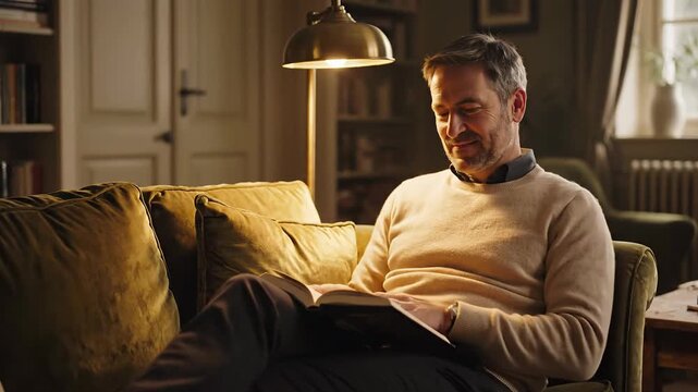 Man Reading Book on Sofa in Cozy Living Room, Turning Pages, Smiling