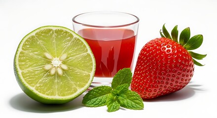 Fresh strawberry lime mint juice on a clean white background