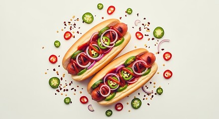 Tasty hotdogs with fresh toppings and spices on a clean white background overhead view vibrant colors