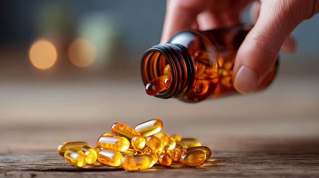 Hand pouring golden omega-3 fish oil capsules from a brown bottle onto a wooden table, highlighting health supplements and wellness.