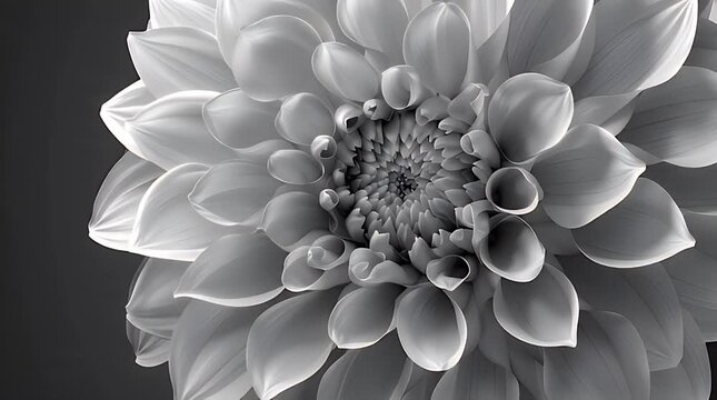 Monochrome closeup of a large, layered flower with delicate, rounded petals against a dark gray background