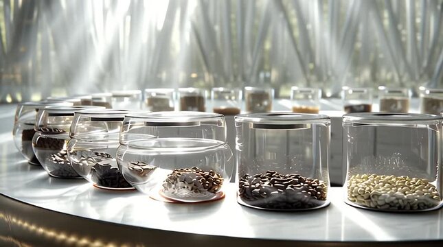 Jars holding beans/seeds are on a circular, lit table with sheer curtains in background