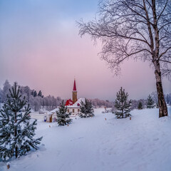 The famous Priory Palace during winter dawn,, Russia.