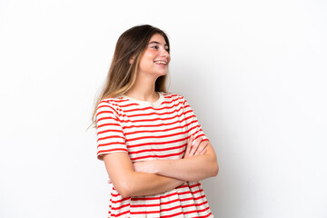Obraz premium Young caucasian woman isolated on white background happy and smiling