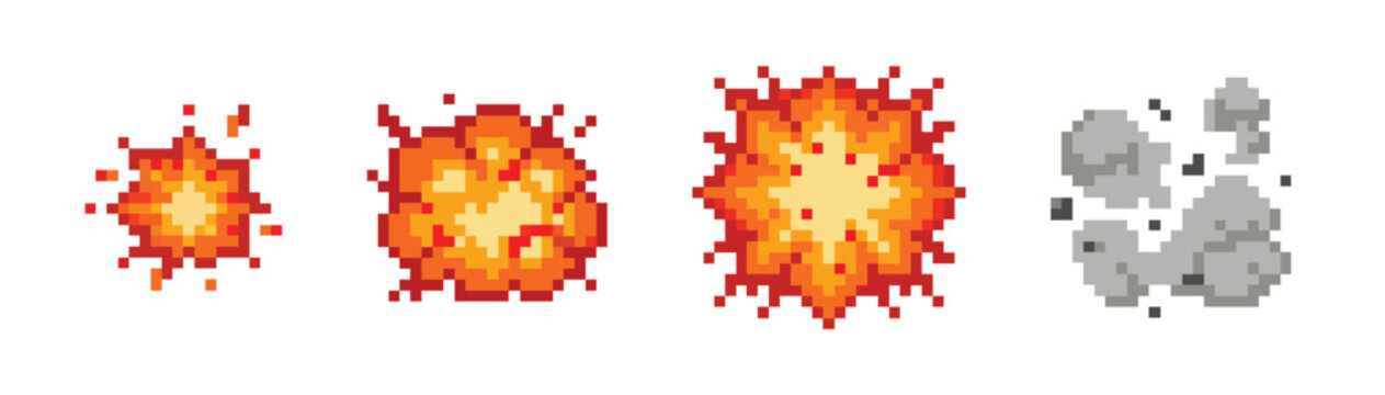 Pixel art explosion animation sprite sheet sequence with smoke and fire frames