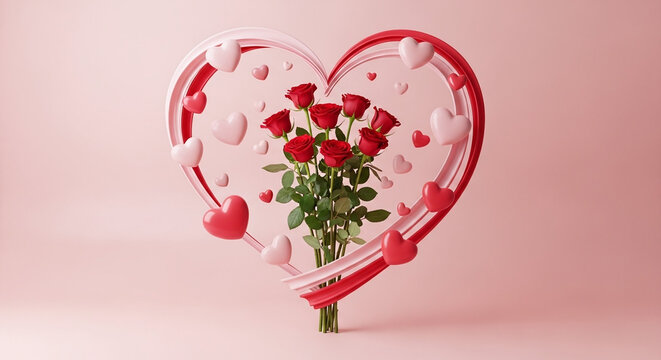 Red Roses Bouquet Inside Heart Frame for Valentine&rsquo;s Day