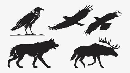Fototapeta premium Wilderness Wildlife Silhouette Set Majestic Wolf Eagle Moose Raven Icons for Nature Adventure Travel Branding Design