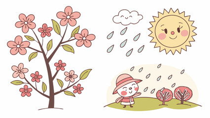 Cute Spring Season Illustration with Cherry Blossoms Sun Rain for Children Education and Weather Graphics Design