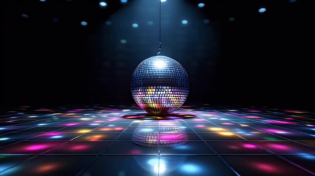 A mirrored sphere hangs above a lit dance floor. The reflective tiles below sparkle with various colors, creating a vibrant scene