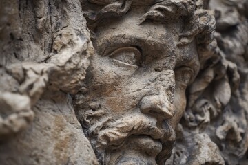 Obraz premium Closeup view of a large stone monument showcasing intricate details of a historic figure's face, highlighting craftsmanship and artistry in a serene outdoor setting